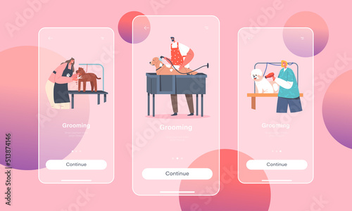 Pets Grooming Mobile App Page Onboard Screen Template. Hairdressers Characters Care of Dogs Cutting Wool, Washing