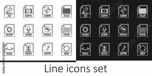 Set line GIF file document, PNG, MSG, OGG, RAW, AI, WMA and MP4 icon. Vector