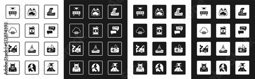 Set Tsunami, Barrel oil, CO2 emissions in cloud, Solar energy panel, Global warming, Wrecked tanker ship, Problem pollution of the ocean and Car exhaust icon. Vector