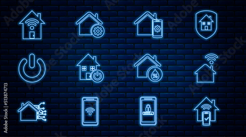 Set line Smart home remote control system, with wi-fi, Power button, House humidity and settings icon. Vector