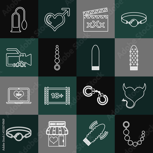 Set line Anal beads, Devil heart with horns, Dildo vibrator, Movie clapper Sex, Video camera, Penis pump and icon. Vector