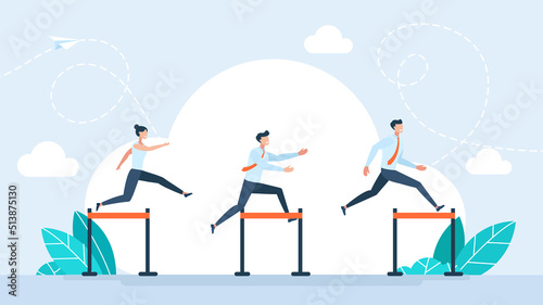Businessman and businesswoman jumping over hurdles. Overcome obstacles. Manager jumping over ascending obstacles like hurdle race. Leadership overcoming difficulties. Business vector illustration.