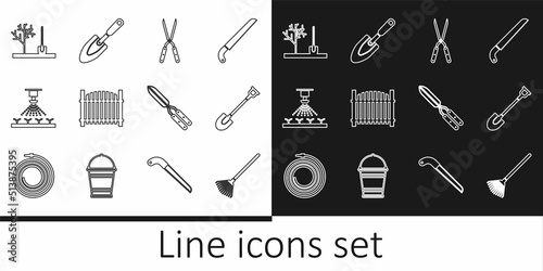 Set line Garden rake for leaves, shovel, Gardening handmade scissor, fence, Automatic irrigation sprinklers, Planting tree the ground, and trowel spade icon. Vector