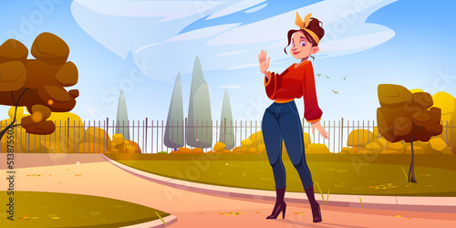 Woman in autumn city park waving hand in greeting gesture. Female character say hello standing on street with metal fencing and orange trees, nature view fall background, Cartoon vector illustration