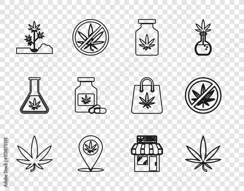 Set line Marijuana or cannabis leaf, Medical bottle with marijuana, Location and, Planting, store and Stop icon. Vector