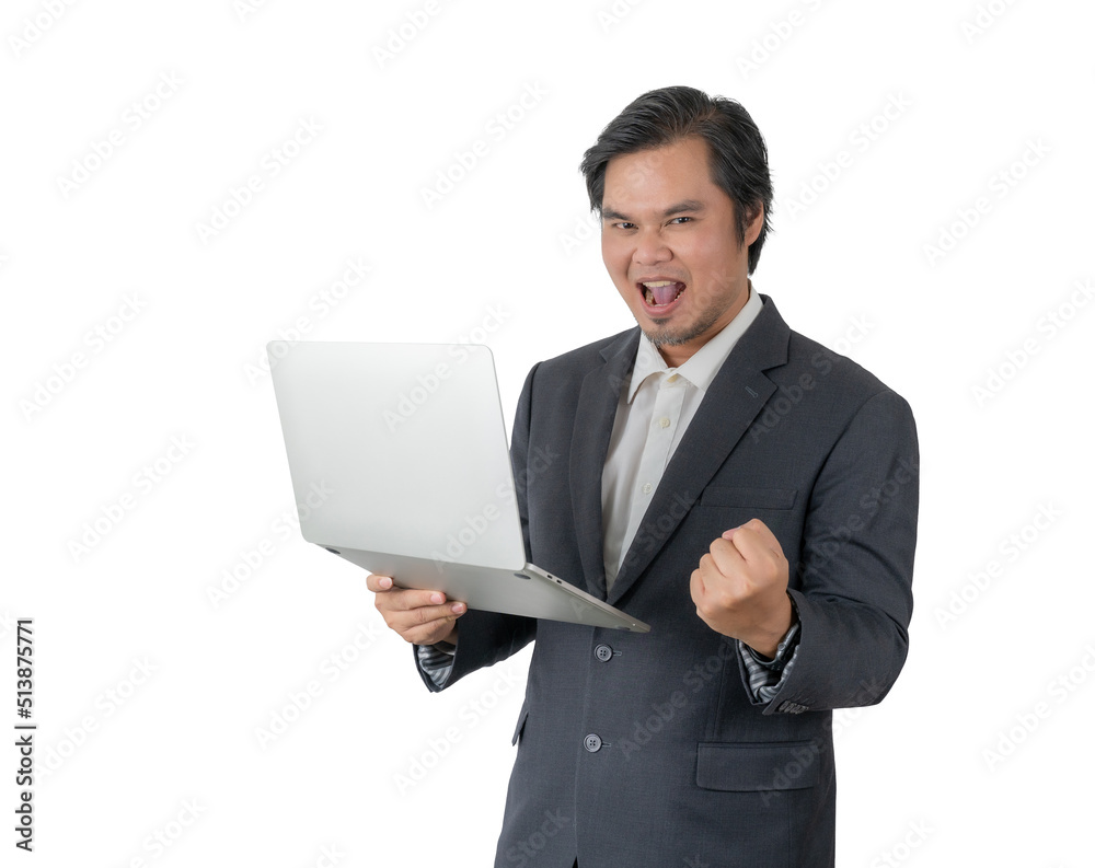 Business man in suit shirt posing isolated on white background. Achievement career wealth business concept. Mock up copy space. Hold laptop computer with blank empty screen Business man in suit shirt posing isolated on white background. Achievement career wealth business concept. Mock up copy space. Hold laptop computer with blank empty screen