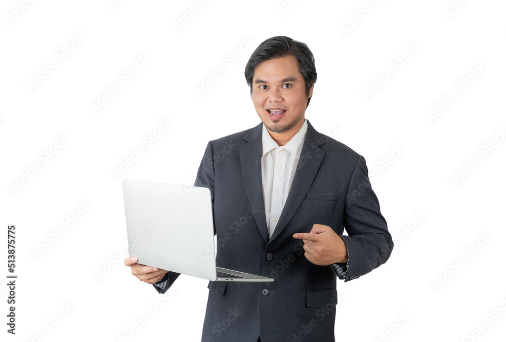 Business man in suit shirt posing isolated on white background. Achievement career wealth business concept. Mock up copy space. Hold laptop computer with blank empty screen Business man in suit shirt posing isolated on white background. Achievement career wealth business concept. Mock up copy space. Hold laptop computer with blank empty screen