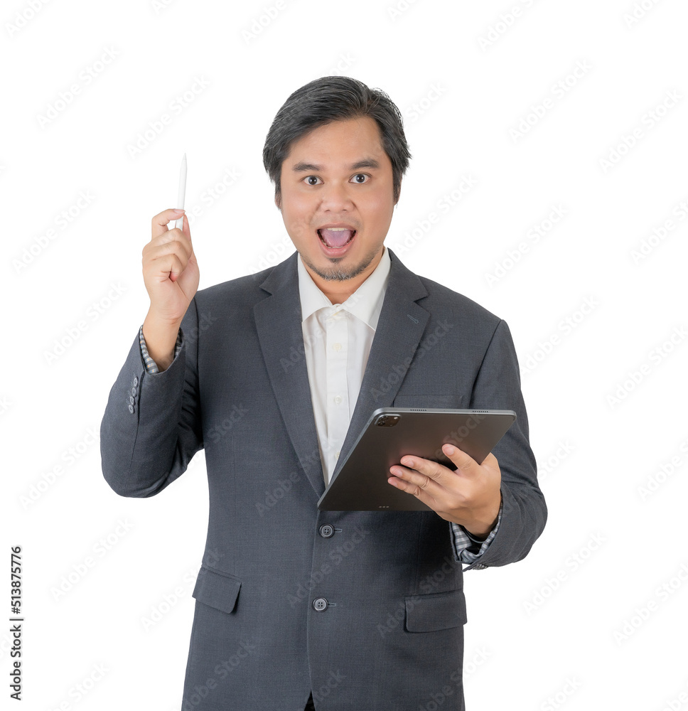 Business expert at work. Handsome young man working on digital tablet while standing against white background Business expert at work. Handsome young man working on digital tablet while standing against white background