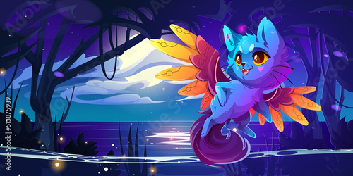 Cute monster cat on magical forest or fantasy planet landscape. Cartoon funny fluffy character with fairy wings and antennas. Strange animal, odd kitten Halloween creature, Vector illustration