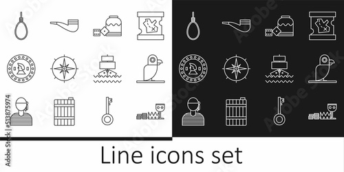 Set line Treasure and riches, Pirate parrot, game dice, Wind rose, coin, Gallows rope loop hanging, Ship and Smoking pipe icon. Vector