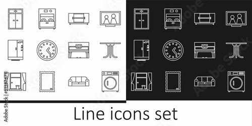 Set line Washer, Round table, TV stand, Clock, Shower cabin, Wardrobe, Grand piano and Kitchen dishwasher machine icon. Vector