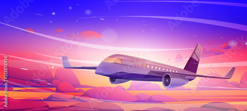 Plane fly in morning sky above pink fluffy clouds. Concept of passenger aircraft flight, travel, commercial aviation. Vector cartoon illustration of flying big airplane on evening sky background © klyaksun