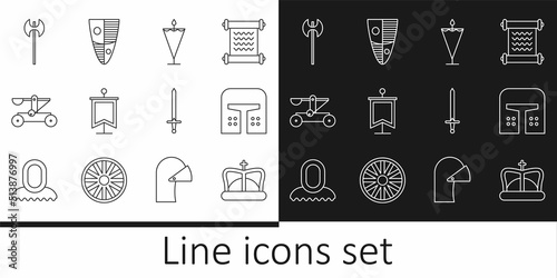 Set line King crown, Medieval iron helmet, flag, Catapult shooting stones, axe, sword and Shield icon. Vector