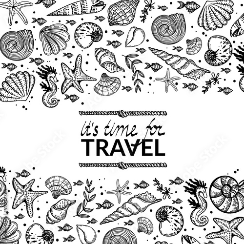 Banner with sea creatures on white background. Design for tourist business advertising, for seafood grocery stores. Shells, fish, clams and algae. Hand-drawn doodles in sketch style.