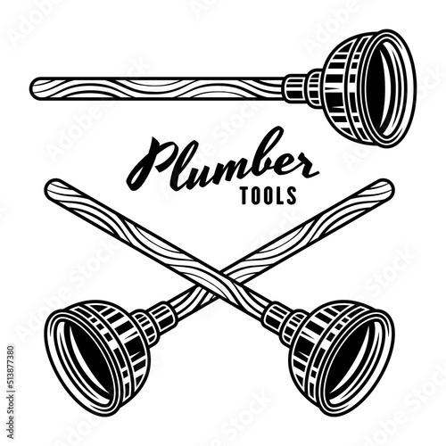 Plunger set of vector objects or elements in vintage monochrome style for plumber service design. Illustration isolated on white background