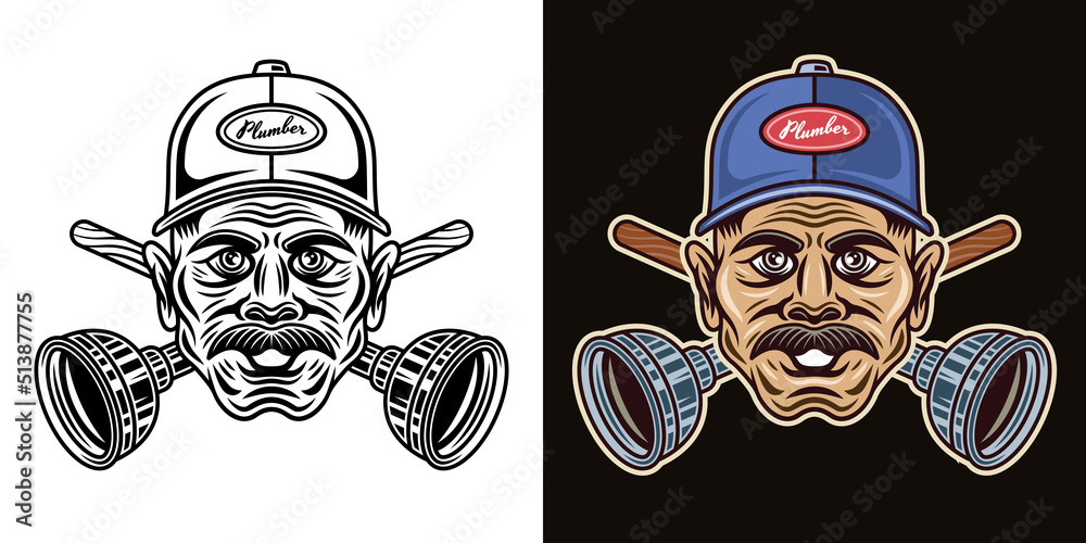 Plumber man with mustache in cap and two crossed plungers vector illustration in two styles black on white and colorful on dark