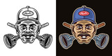 Plumber man with mustache in cap and two crossed plungers vector illustration in two styles black on white and colorful on dark
