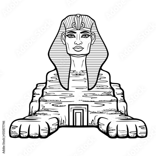 Animation linear portrait: Egyptian sphinx body of a lion and the head of a man. Door is inside body. Vector illustration isolated on a white background. Print, poster, t-shirt, tattoo.