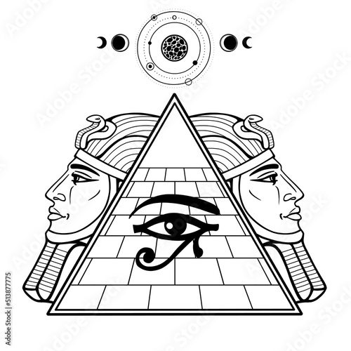Animation monochrome drawing: symbol of  Egyptian pyramid, eye of Horus, profile of the pharaoh.Vector illustration isolated on a white background. Print, poster, T-shirt, logo.