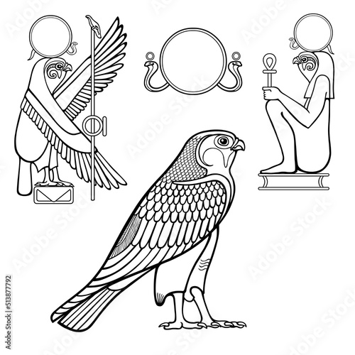 Animation monochrome drawing: set of images of sacred Egyptian Falcon bird. Animal and human. Vector illustration isolated on a white background.
