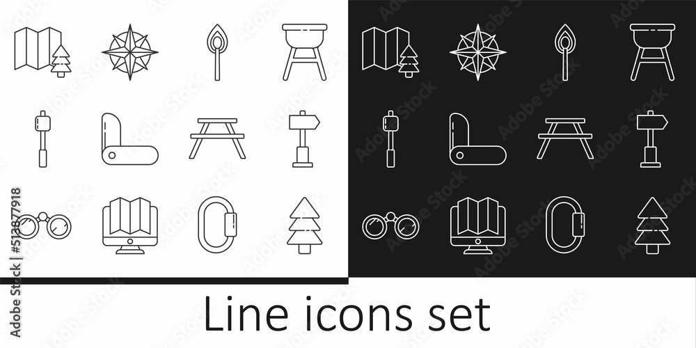 Set line Tree, Road traffic signpost, Burning match with fire, Swiss army knife, Marshmallow on stick, Location of the forest, Picnic table benches and Wind rose icon. Vector