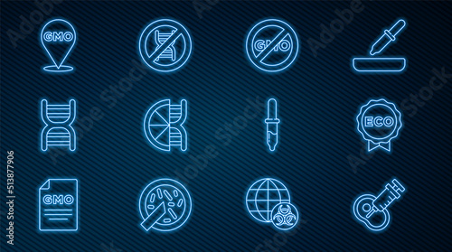 Set line Genetically modified meat, Label for eco healthy food, No GMO, orange, DNA symbol, Pipette and Stop icon. Vector