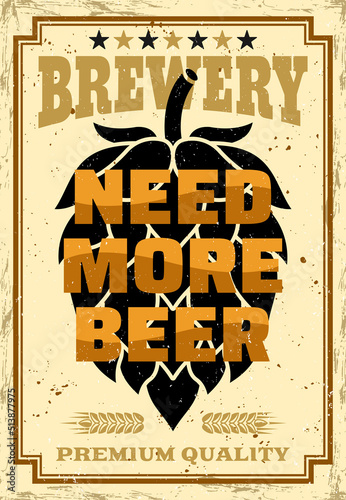 Beer hop and text need more beer vector advertising poster for brewery in vintage style with removable grunge textures and text on separate layers
