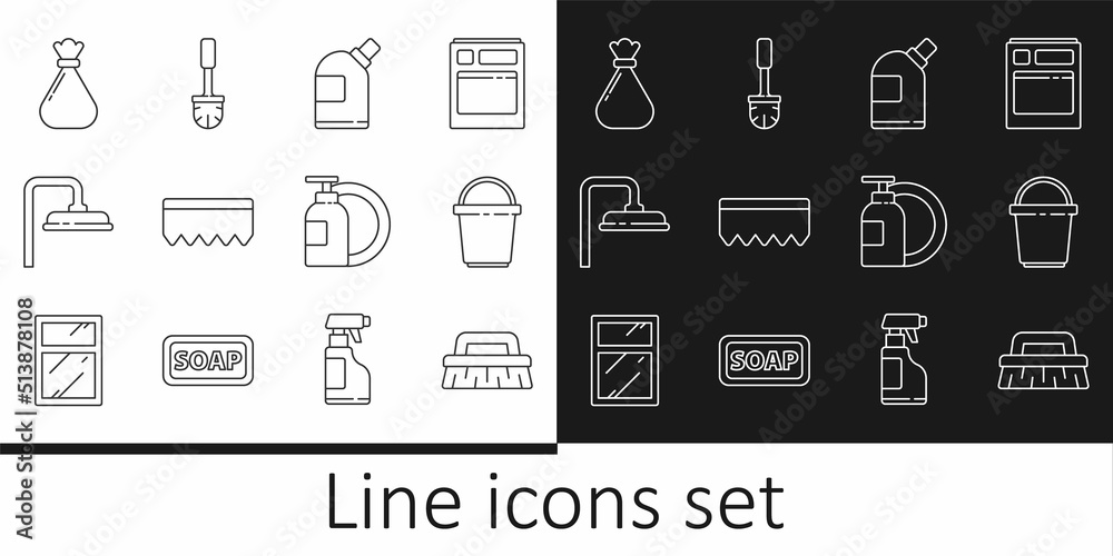 Set line Brush for cleaning, Bucket, Bottles agent, Sponge with bubbles, Shower head, Garbage bag, Dishwashing liquid bottle and plate and Toilet brush icon. Vector Set line Brush for cleaning, Bucket, Bottles agent, Sponge with bubbles, Shower head, Garbage bag, Dishwashing liquid bottle and plate and Toilet brush icon. Vector