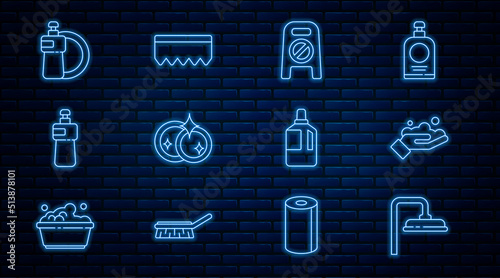 Set line Shower head, Washing hands with soap, Wet floor cleaning progress, dishes, Dishwashing liquid bottle, plate, Fabric softener and Sponge bubbles icon. Vector