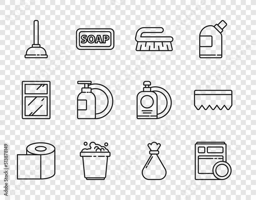 Set line Toilet paper roll, Kitchen dishwasher machine, Brush for cleaning, Bucket with soap suds, Rubber plunger, Dishwashing liquid bottle and plate, Garbage bag and Sponge bubbles icon. Vector