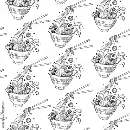 Bowl noodles and chopsticks sketch. Korean Ramen. Seamless pattern. Asian food. Chinese, Korean, Japanese cuisine. Package design. Hand drawn vector illustration
