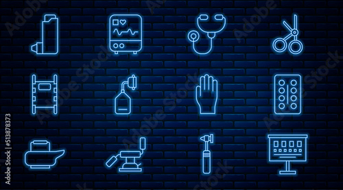 Set line Eye test chart, Pills in blister pack, Stethoscope, Medical oxygen mask, Stretcher, Inhaler, rubber gloves and Monitor with cardiogram icon. Vector