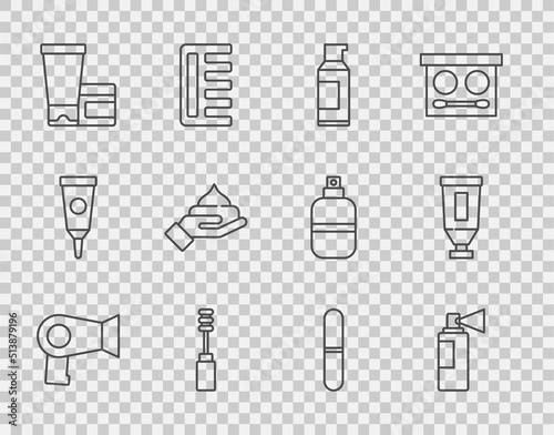 Set line Hair dryer, Perfume, Spray can for hairspray, Mascara brush, Cream lotion cosmetic tube, Nail file and icon. Vector