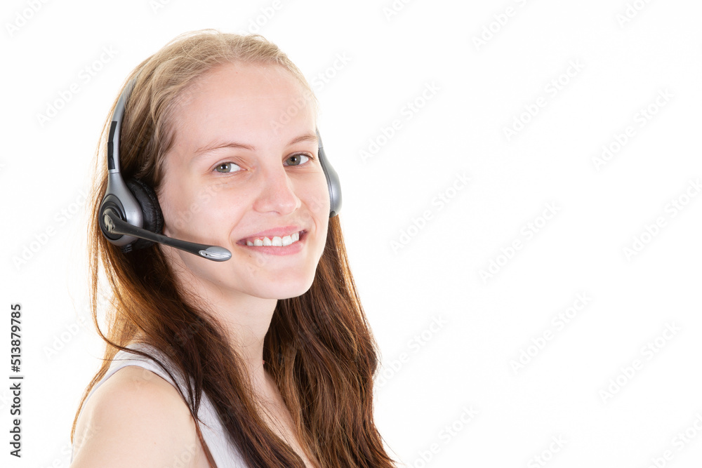 woman happy smile face in call center telephone marketer in office on white background woman happy smile face in call center telephone marketer in office on white background