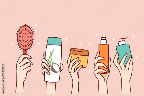 Hands holding bottles of cosmetic products. People recommend diverse beauty routine. Spa and cosmetology concept. Flat vector illustration. 