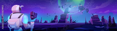 Astronaut looking on Earth from alien planet in far galaxy. Cosmonaut in suit and helmet holding staff interstellar travel. Spaceman stranger explore cosmos, space mission, cartoon vector illustration