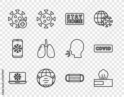 Set line Virus statistics on laptop, Wet wipe pack, Stay home, Earth with medical mask, Positive virus, Lungs, Medical protective and Corona covid-19 icon. Vector