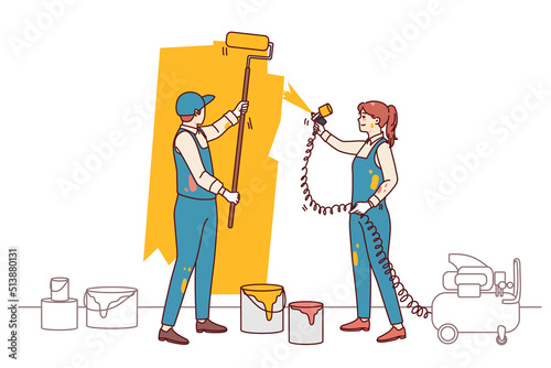 Couple designers paint wall involved in housing renovation. People renovate redecorate apartment. Interior design and decoration. Flat vector illustration.