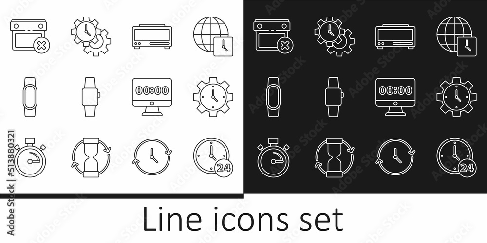 Set line Clock 24 hours, Time Management, Digital alarm clock, Smartwatch, Calendar date delete, on monitor and icon. Vector