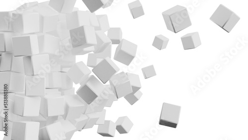 Fotografiet A set of many white cubes that are collapsing under white lighting background