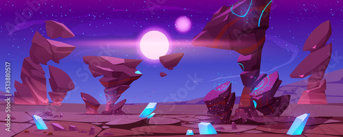 Fantasy alien planet landscape, space game background with dessert cracked ground surface with blue cristals and red rock, flying stone and cosmic dust, glowing star in sky cartoon vector illustration photo