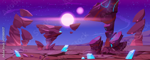 Fantasy alien planet landscape, space game background with dessert cracked ground surface with blue cristals and red rock, flying stone and cosmic dust, glowing star in sky cartoon vector illustration
