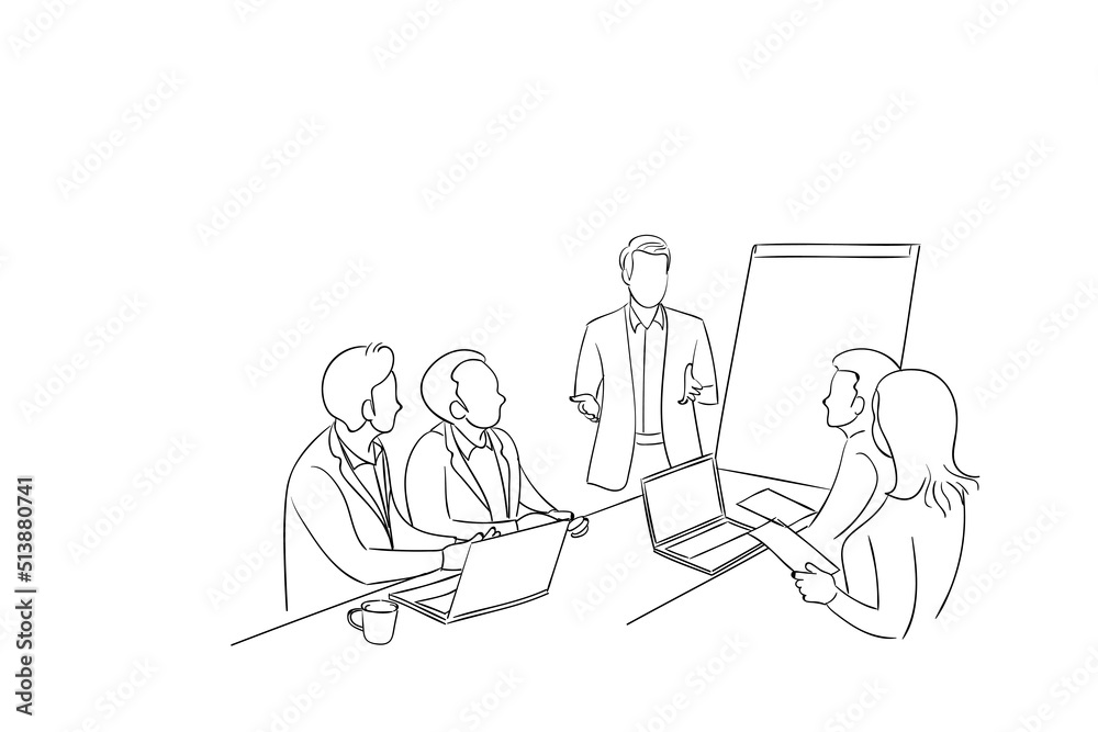 Presentation during business meeting in the office. Hand drawn vector illustration design.