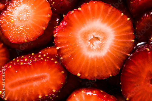 Close-up of strawberry in a saucepan. Preparation of strawberry jelly  marmalade or sauce.