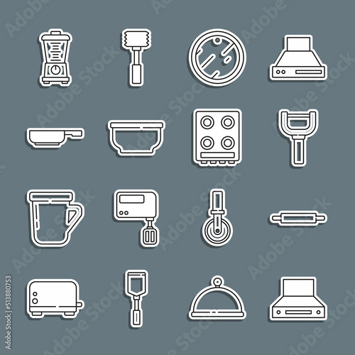 Set line Kitchen extractor fan, Rolling pin, Peeler, Cutting board, Bowl, Frying pan, Blender and Gas stove icon. Vector