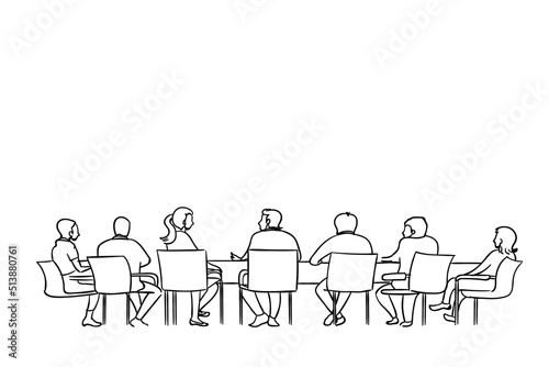 Silhouettes of business people in a meeting room vector illustration. Hand drawn design.