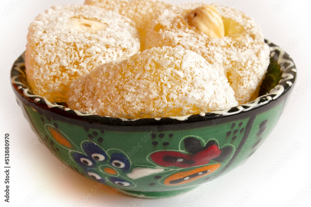 Turkish delight with hazelnuts in a bowl Turkish delight with hazelnuts in a bowl
