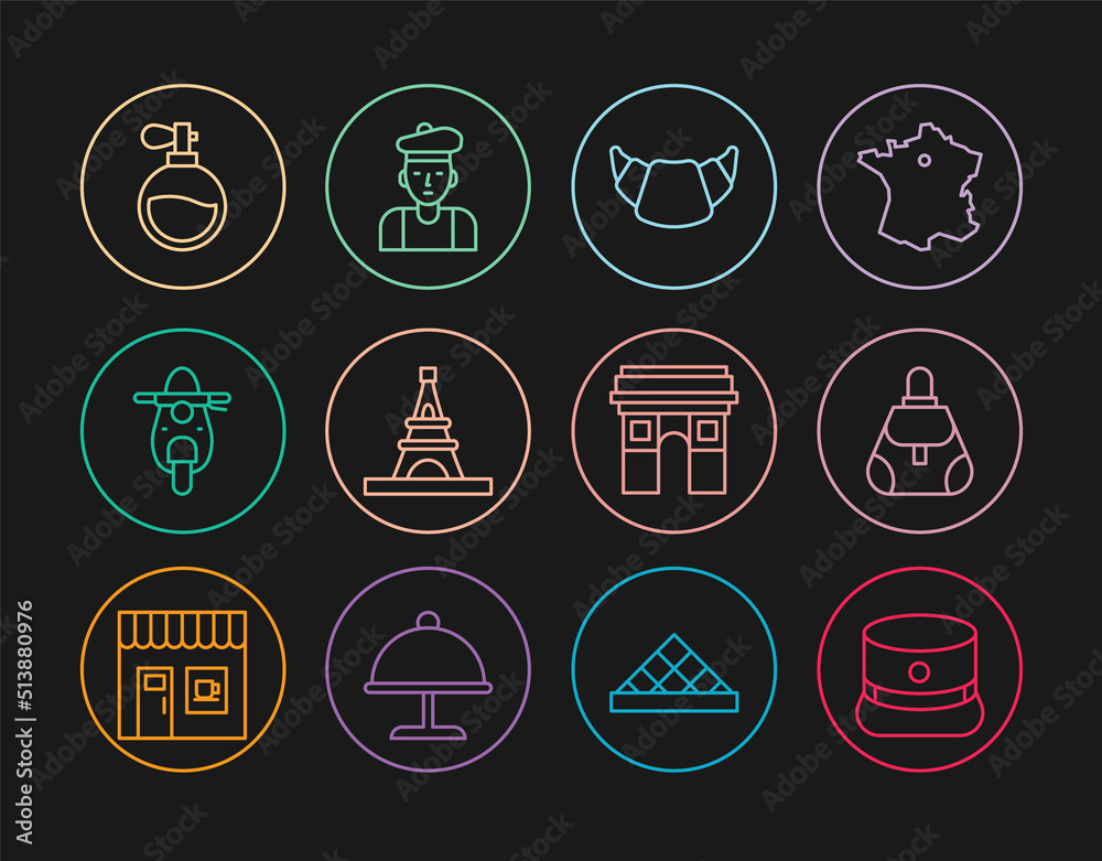Set line Kepi, Handbag, Croissant, Eiffel tower, Scooter, Perfume, Triumphal Arch and French man icon. Vector Set line Kepi, Handbag, Croissant, Eiffel tower, Scooter, Perfume, Triumphal Arch and French man icon. Vector