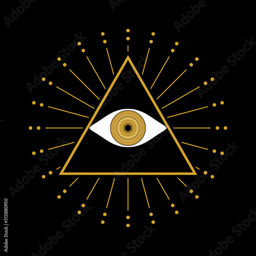 Golden eye of providence (All seeing eye) in triangle with light ray mystical boho flat vector design.