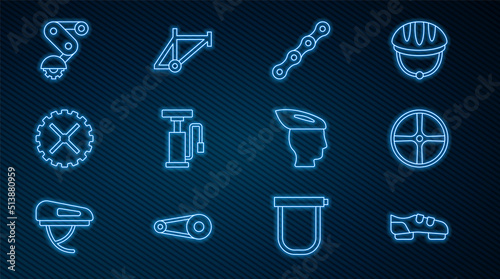Set line Bicycle shoes, wheel, chain, air pump, sprocket crank, Derailleur bicycle rear, helmet and frame icon. Vector
